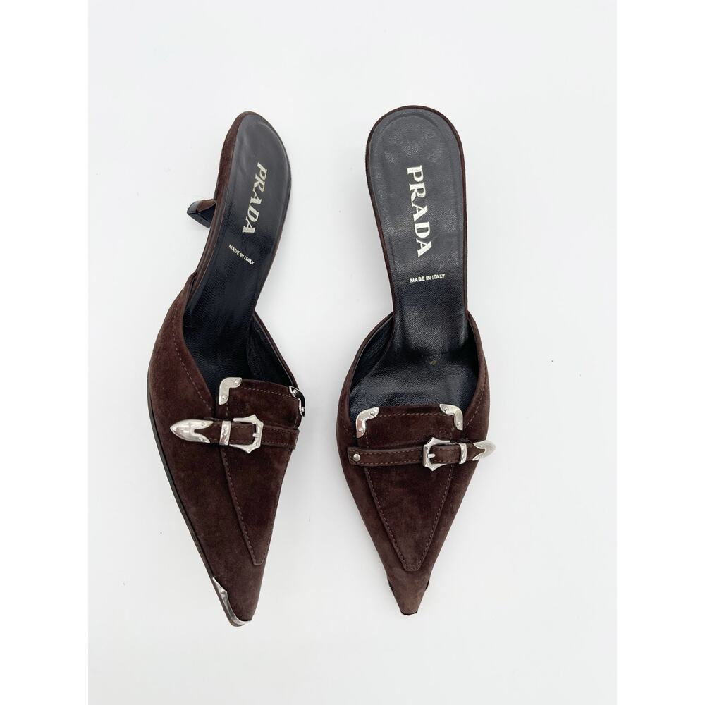 Prada Retro Vintage Y2K Brown Suede Western Buckle Kitten Heel Mules IT 35